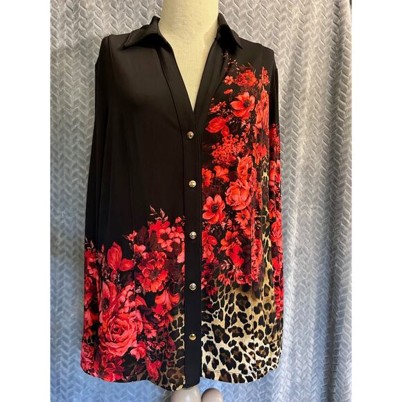 Cache Liquid Knit Floral and Animal Print Button Front Top Size L Designer Luxe - Picture 1 of 6